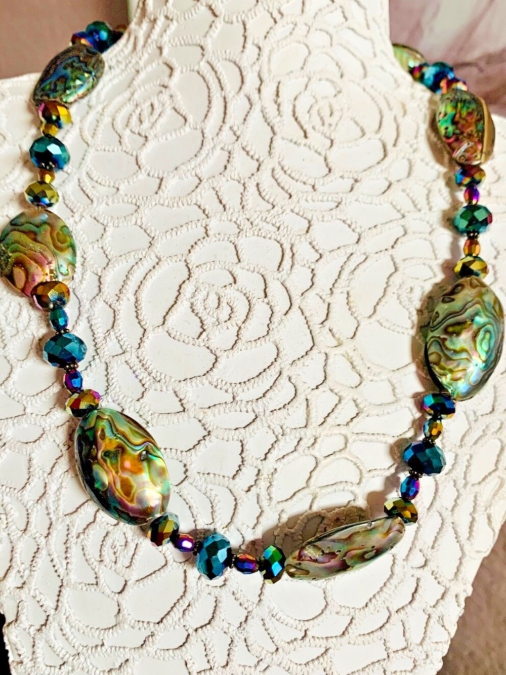 2 PC GENUINE ABALONE, CRYSTALS & 925 SS NECKLACE & EARRINGS - DONNA DRESSLER